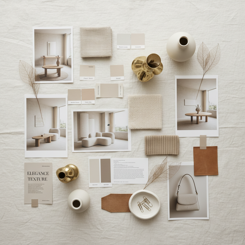 AI mood board creator output — interior design inspiration board with neutral palette, fabric swatches, and brass styling references