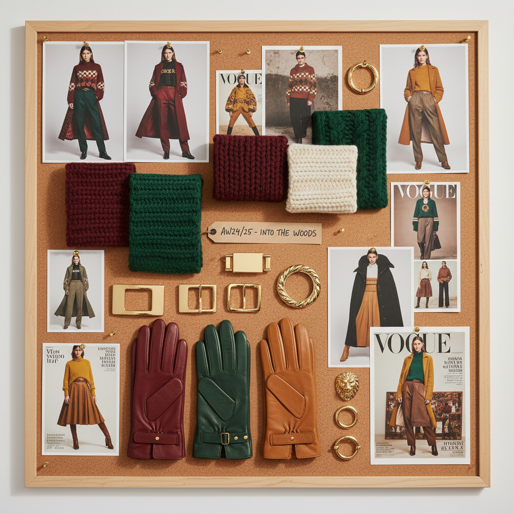 AI mood board for fashion lookbook — burgundy and forest green knitwear references with leather and gold hardware swatches
