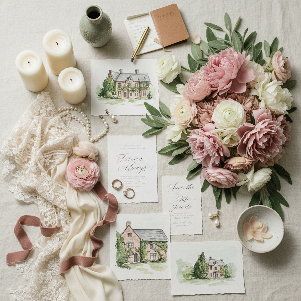 AI inspiration board for wedding planning — dusty rose and sage florals with calligraphy and lace swatch styling