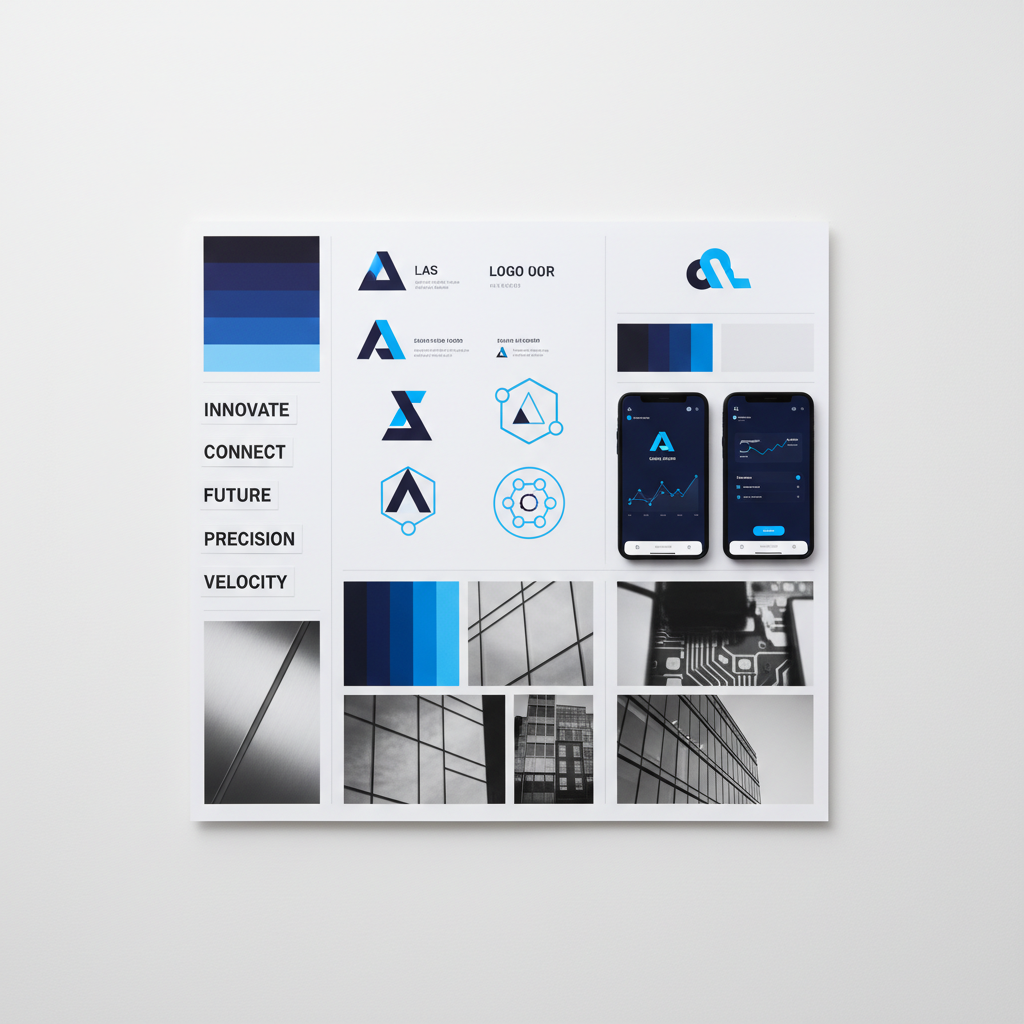 AI mood board for startup brand identity — navy and electric blue palette with logo type explorations and UI mockups