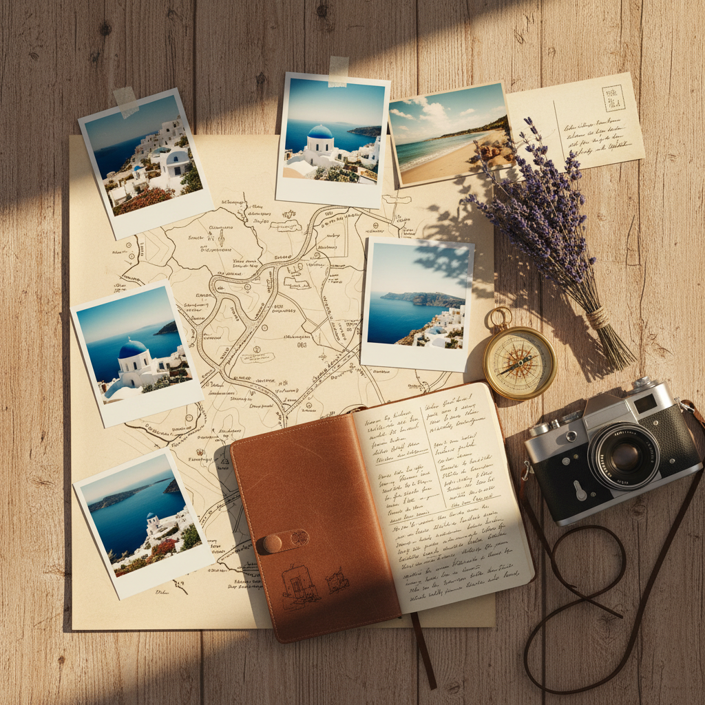 AI mood board for editorial travel photography — Mediterranean palette with polaroids, hand-drawn maps, and leather journal