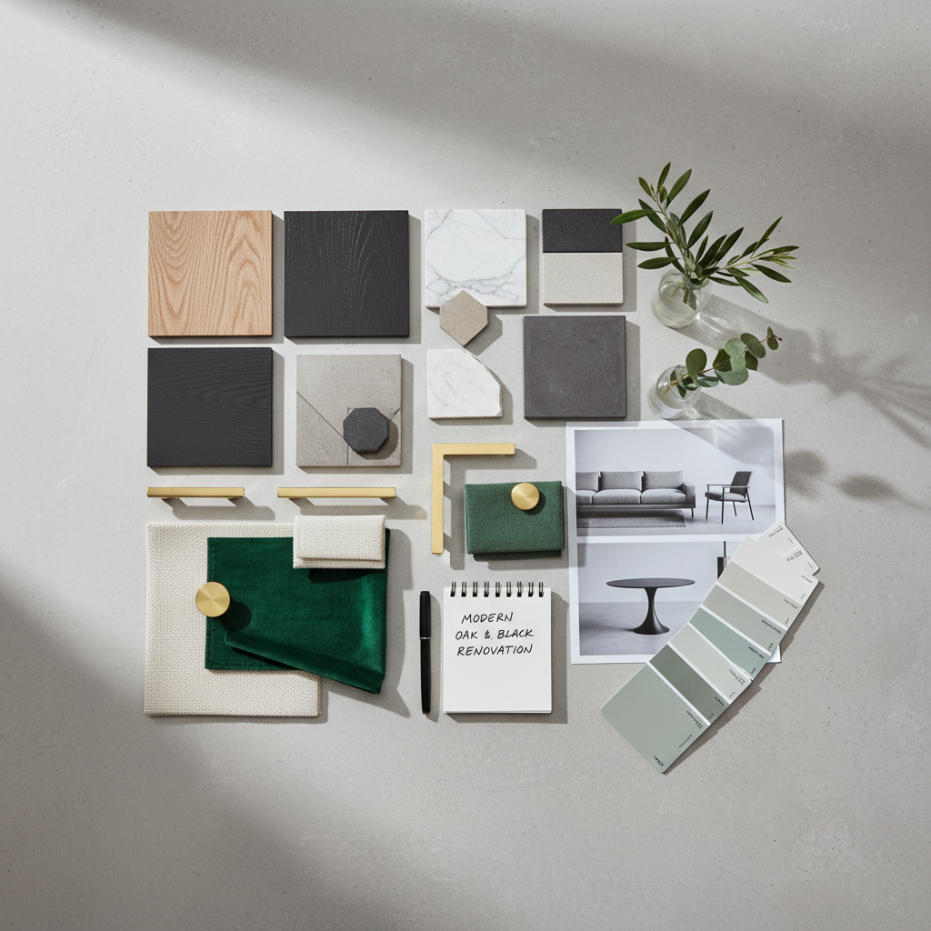 AI digital mood board for renovation project — oak and matte black palette with hardware samples and material swatches
