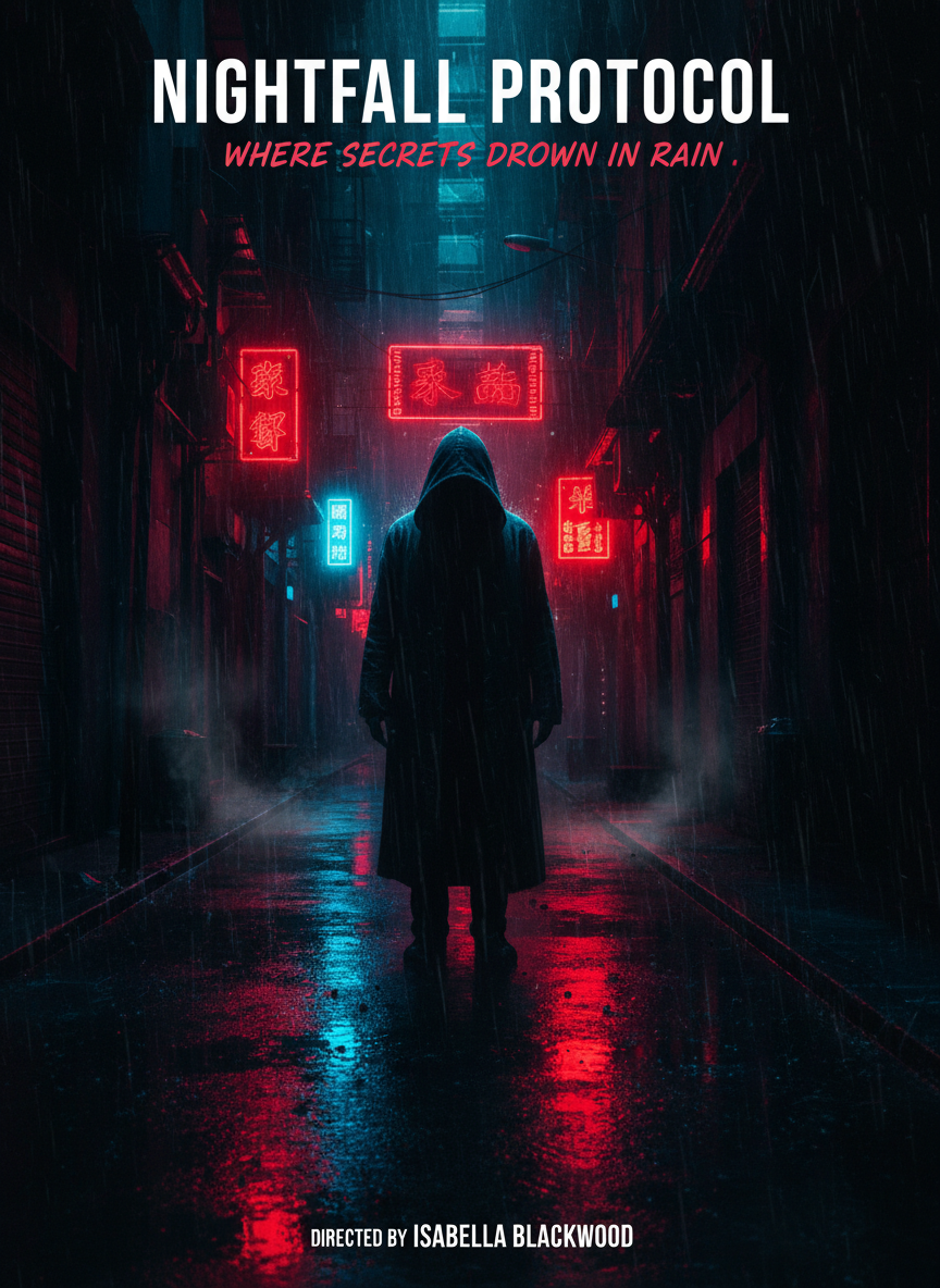 AI movie poster creator dark thriller film poster with hooded figure in rain-soaked neon-lit alley, blood red and electric blue color grading, noir cinematography