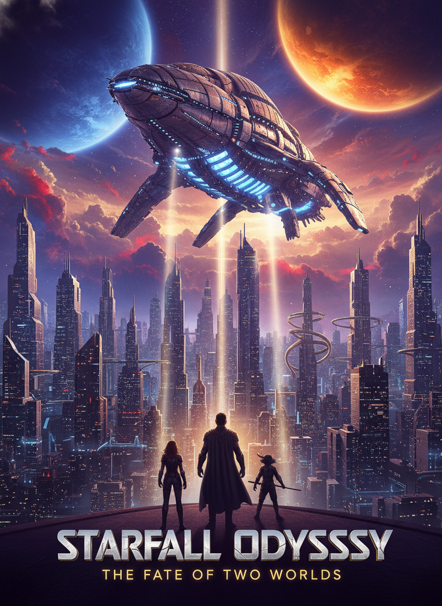 AI movie poster creator sci-fi space epic film poster with colossal alien starship hovering over futuristic city, twin planets, cosmic purple and gold IMAX-style composition