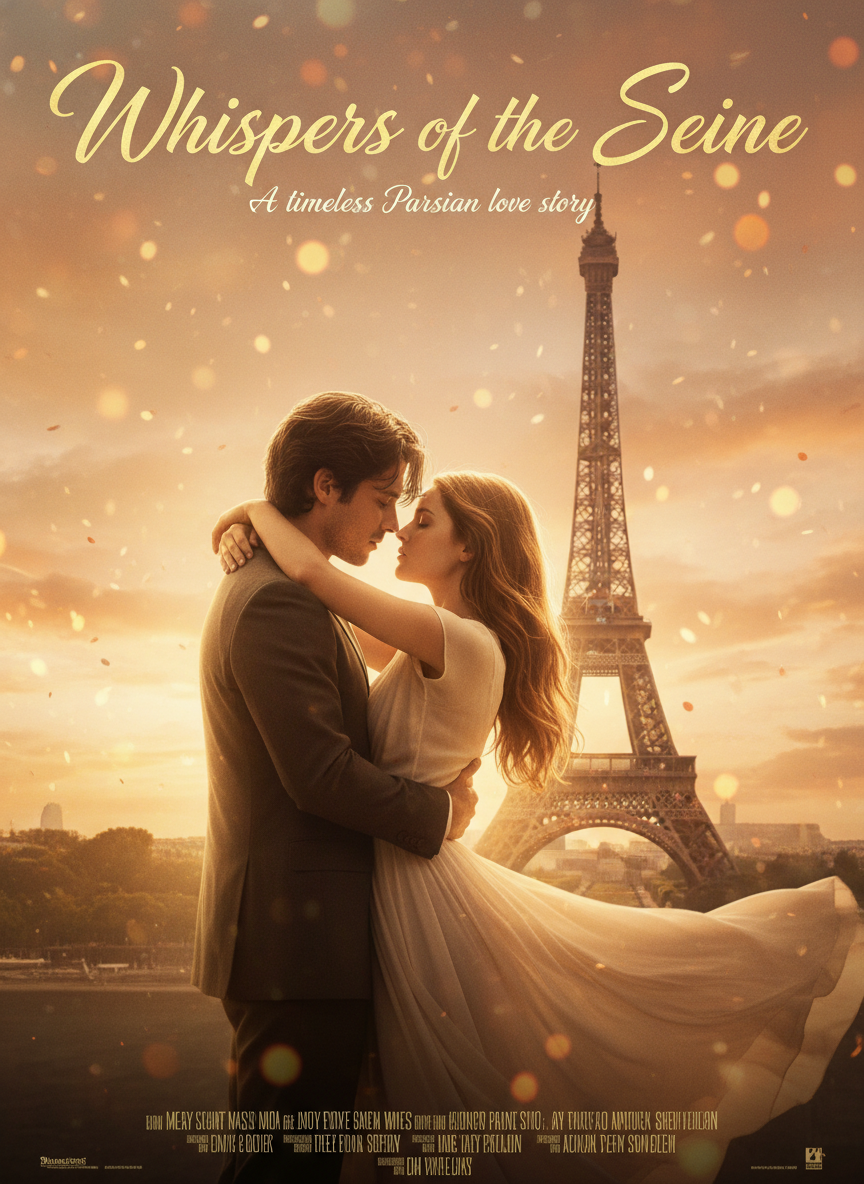 AI movie poster creator romantic drama film poster with two lovers embracing in golden Parisian sunset, Eiffel Tower silhouette, warm honey palette and bokeh light particles