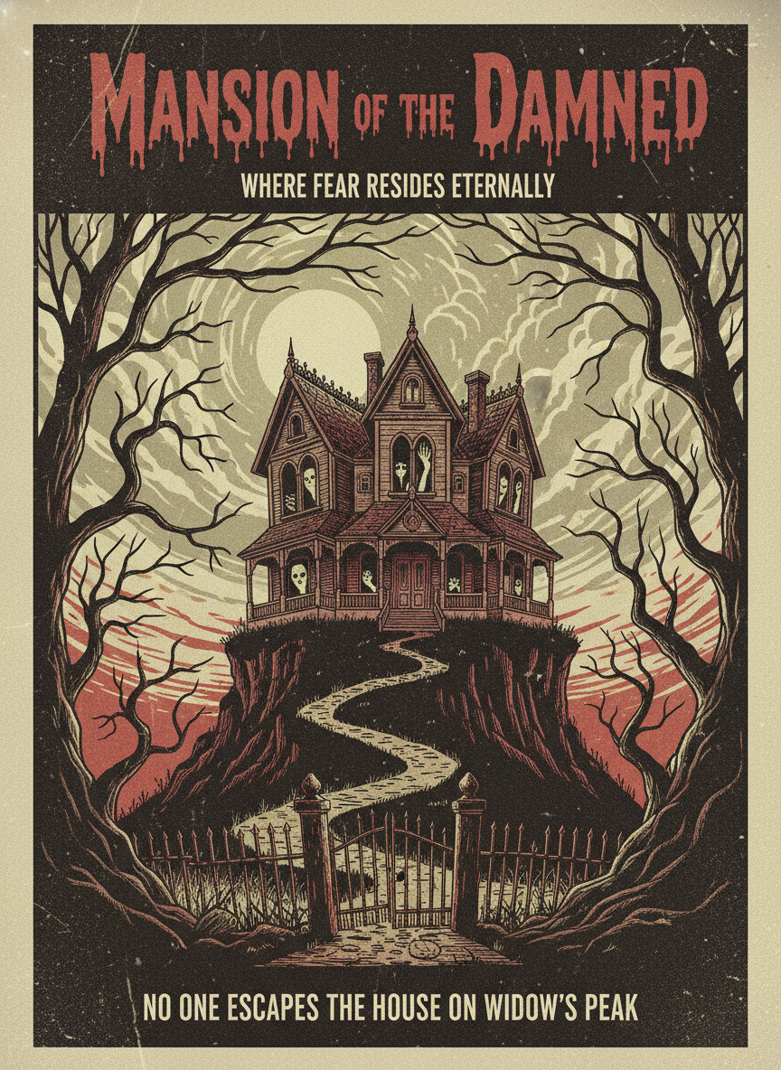 AI movie poster creator vintage horror film poster with haunted Victorian mansion under full moon, gnarled trees, ghostly silhouettes, 1970s grindhouse aesthetic