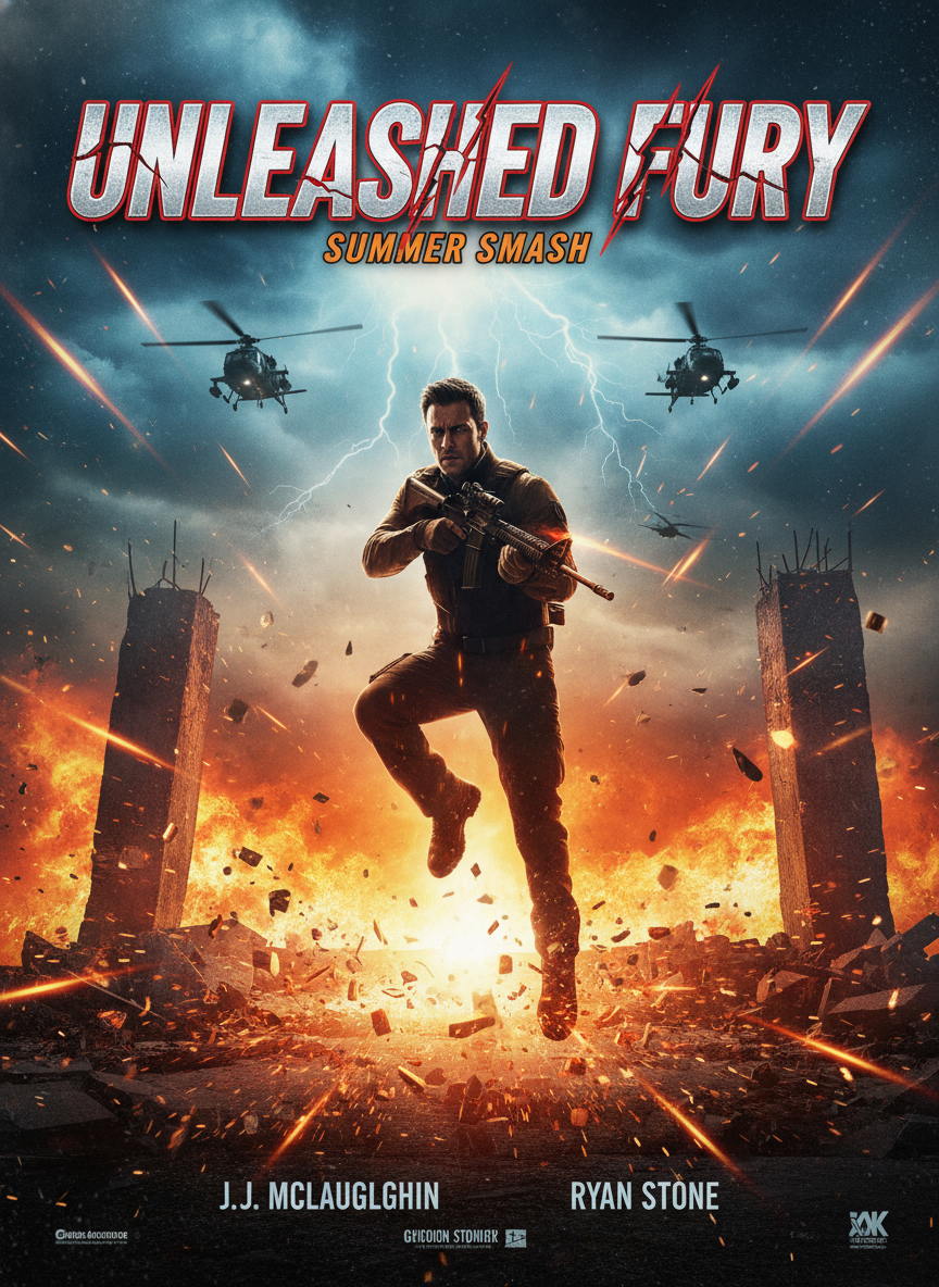 AI movie poster creator action adventure film poster with protagonist mid-leap, explosive fire and debris, helicopters in sky, chrome title typography, summer blockbuster style
