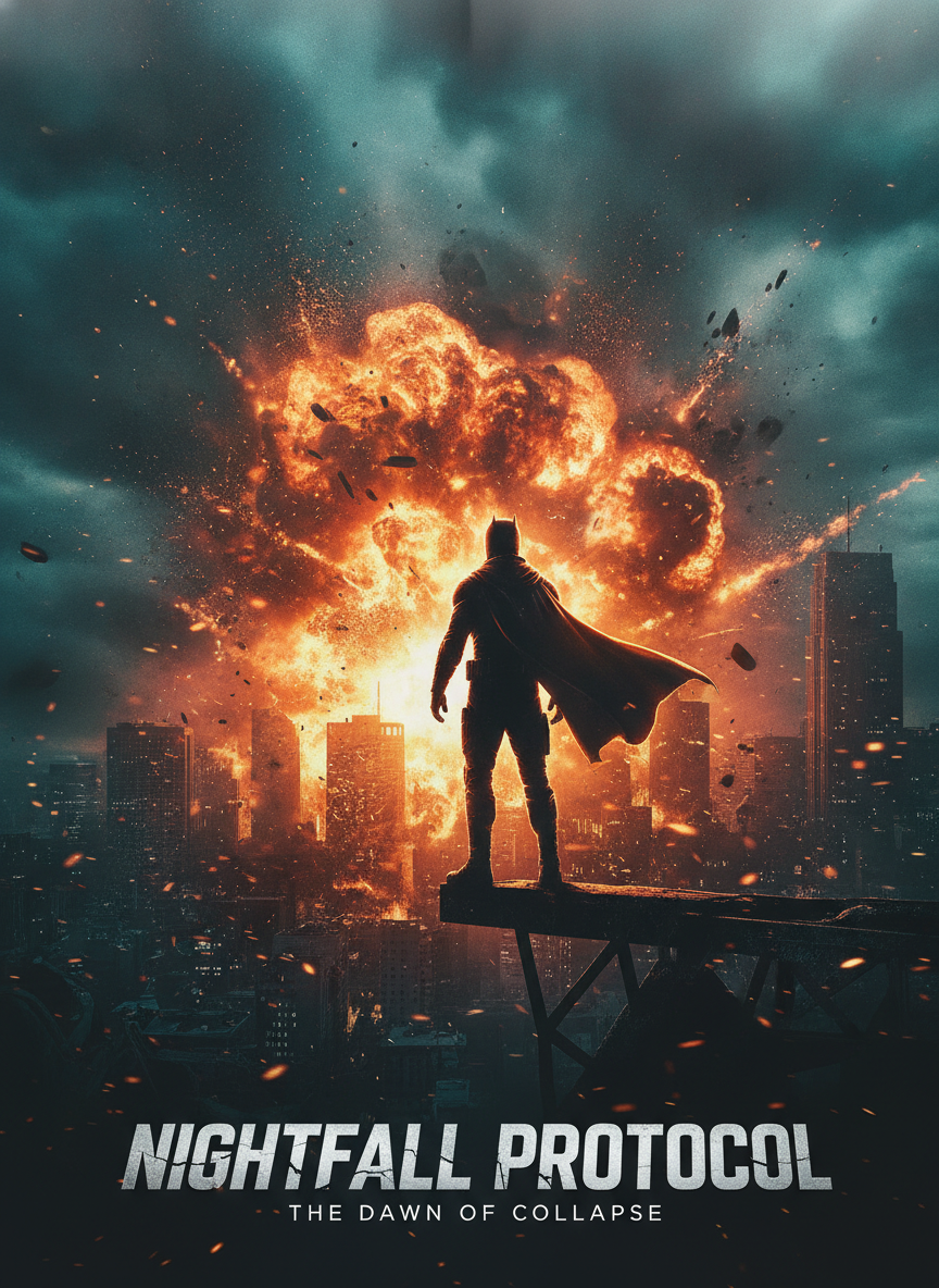 AI movie poster generator result — a cinematic action thriller film poster with a dramatic hero silhouette and exploding skyline