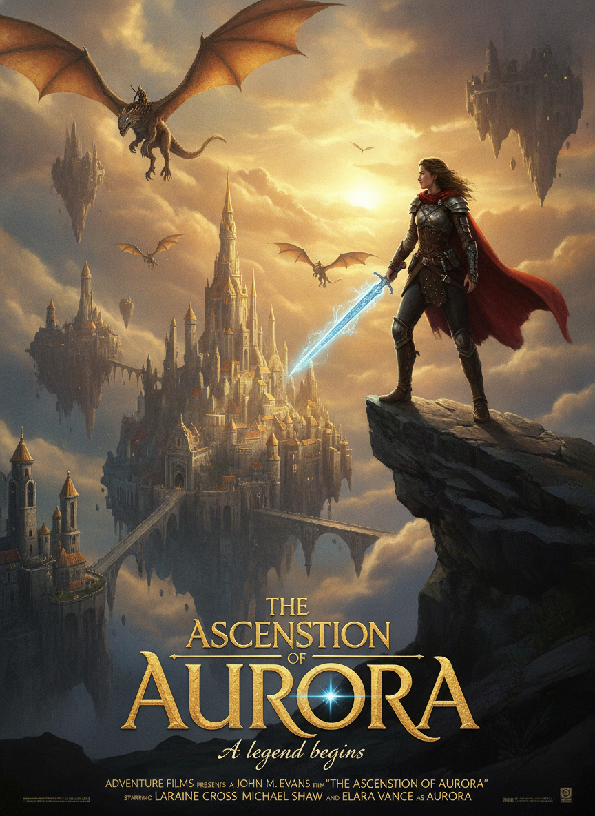AI movie poster generator result — a fantasy adventure film poster with a warrior overlooking a magical kingdom