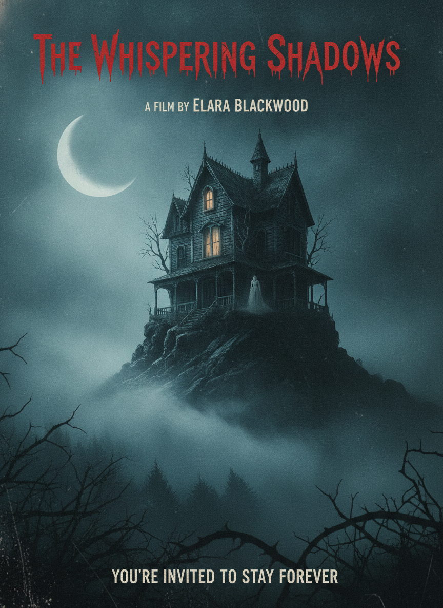 AI movie poster generator result — a horror film poster with an eerie haunted house shrouded in fog