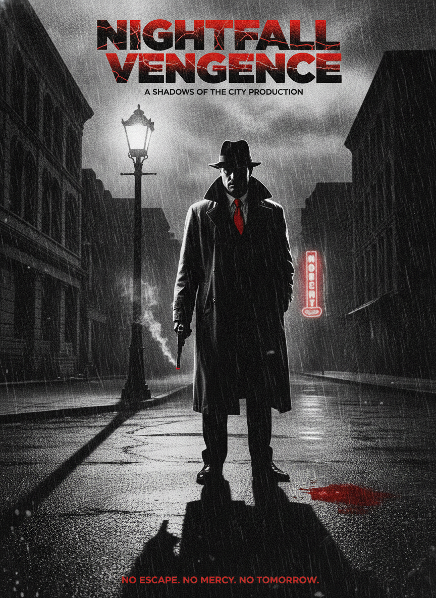 AI movie poster generator result — a film noir crime poster with a detective under a street lamp on a rainy night