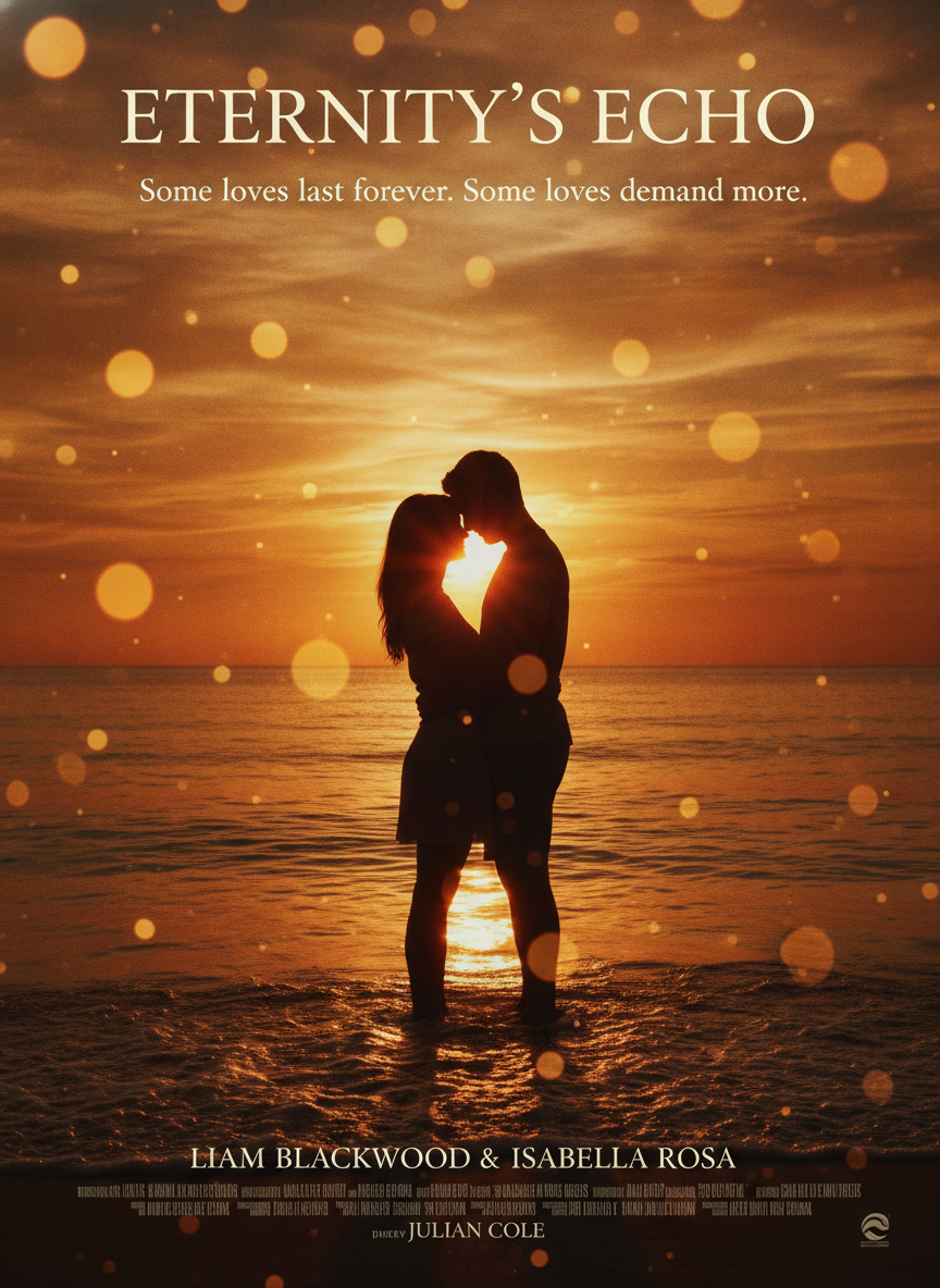 AI movie poster generator result — a romantic drama film poster with a couple silhouetted against a golden sunset