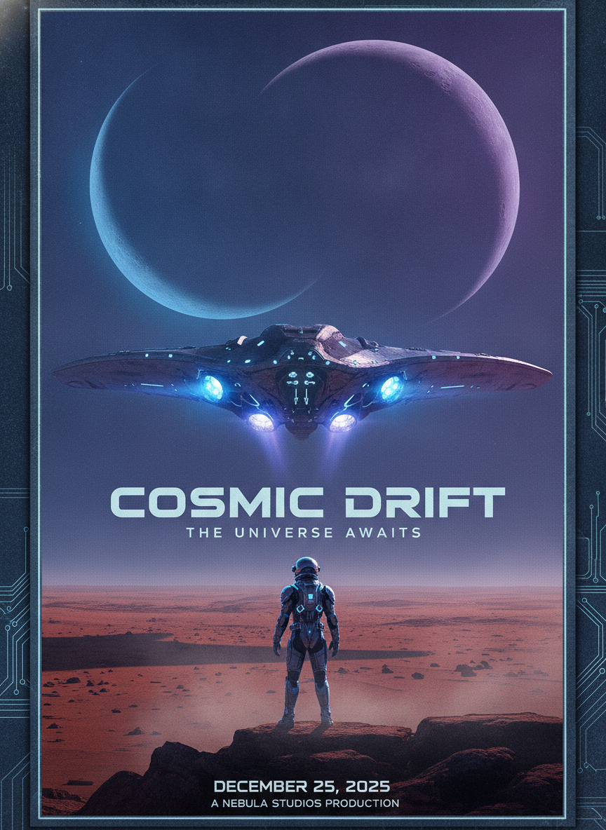 AI movie poster generator result — an epic sci-fi film poster with a spaceship over an alien planet