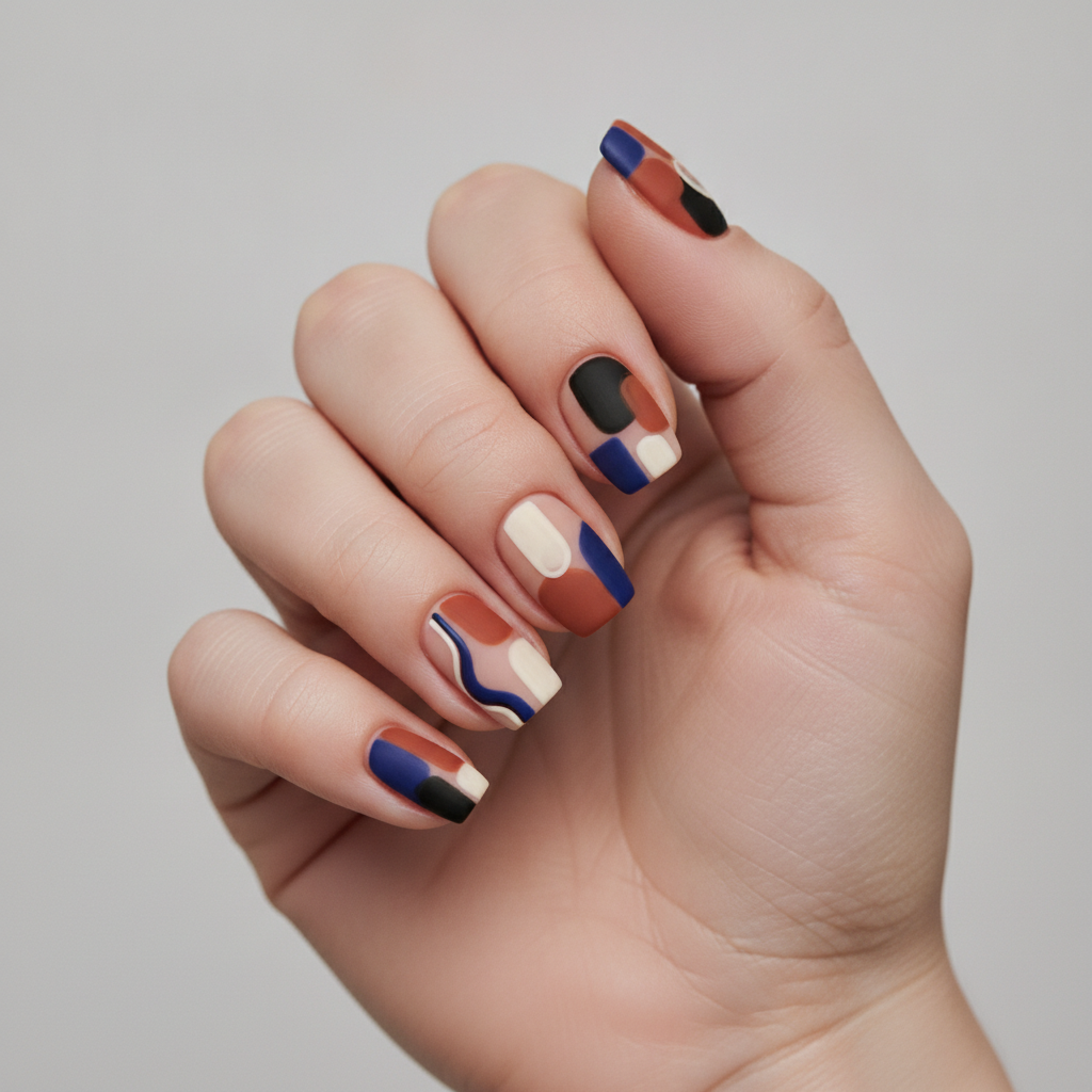 AI abstract nail art example — short squoval nails with geometric shapes and wavy lines in terracotta, cobalt and cream