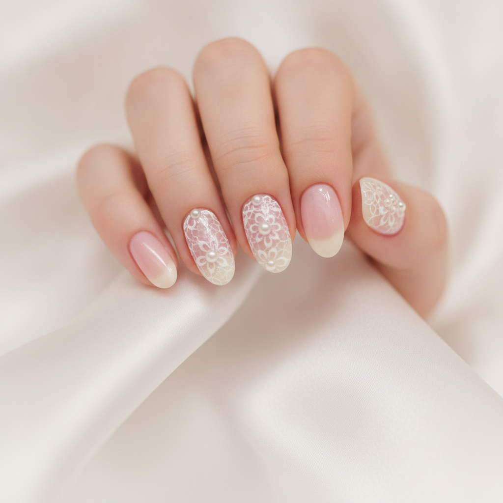 AI bridal nail design example — ivory oval nails with pearl lace accent nails resting on white silk