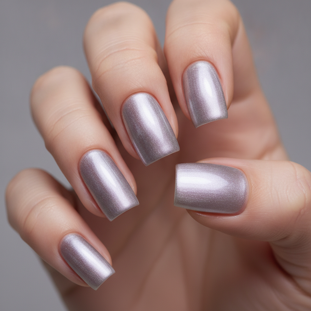 AI nail design example — square nails in a mirror chrome glazed donut finish with lilac silver shimmer