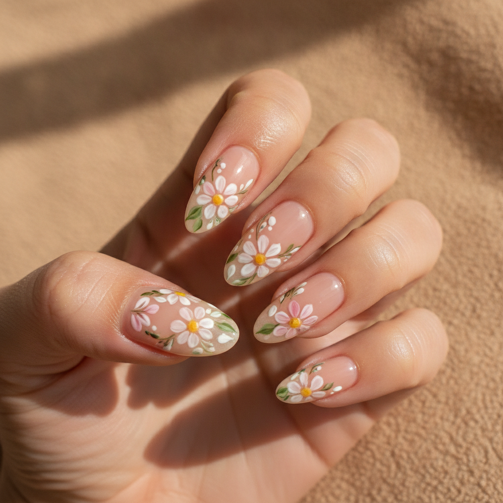 AI nail art example — long almond nails with hand painted white and blush daisies over a nude base