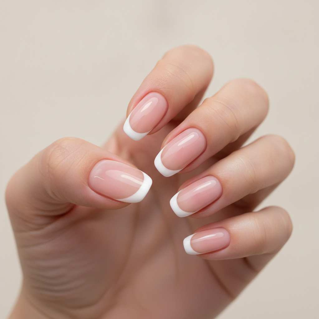 AI nail art generator example — medium length squoval nails with a classic french manicure, milky pink base and crisp white tips