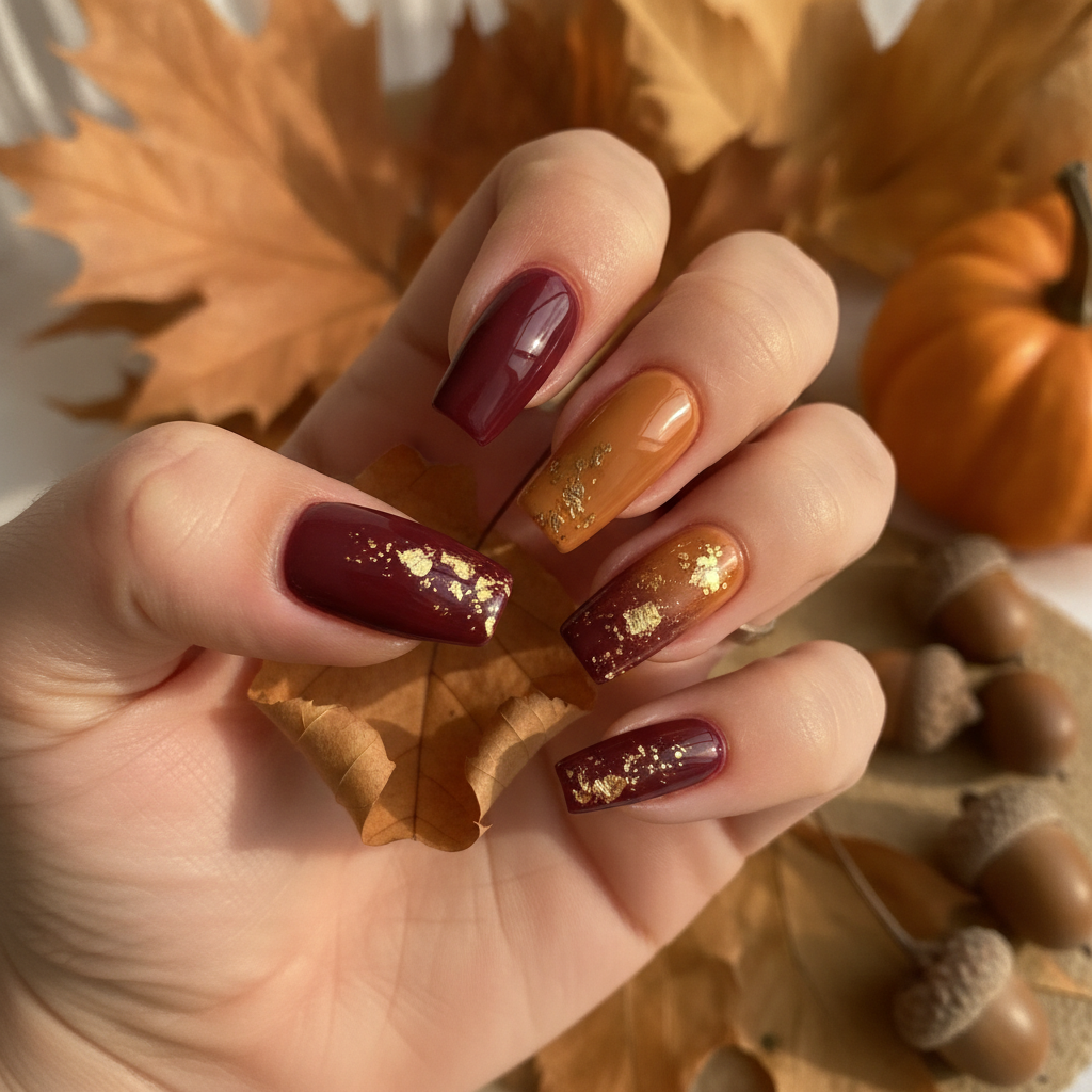 AI seasonal nail art example — burgundy and caramel coffin nails with gold leaf accents for autumn