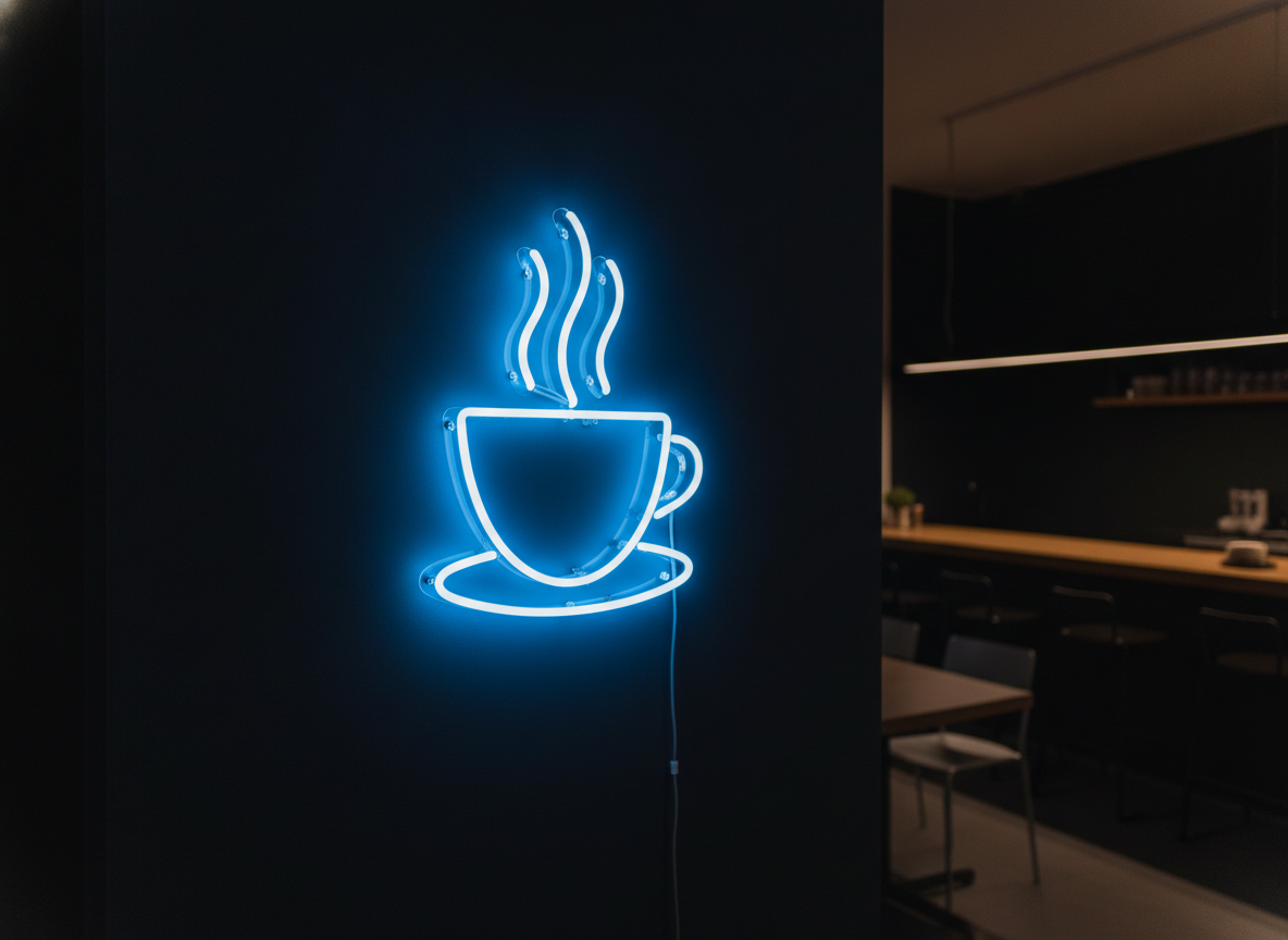 Custom neon sign design example — an electric blue neon outline of a coffee cup with three curls of rising steam on a matt black wall, blue light pooling on the wall below