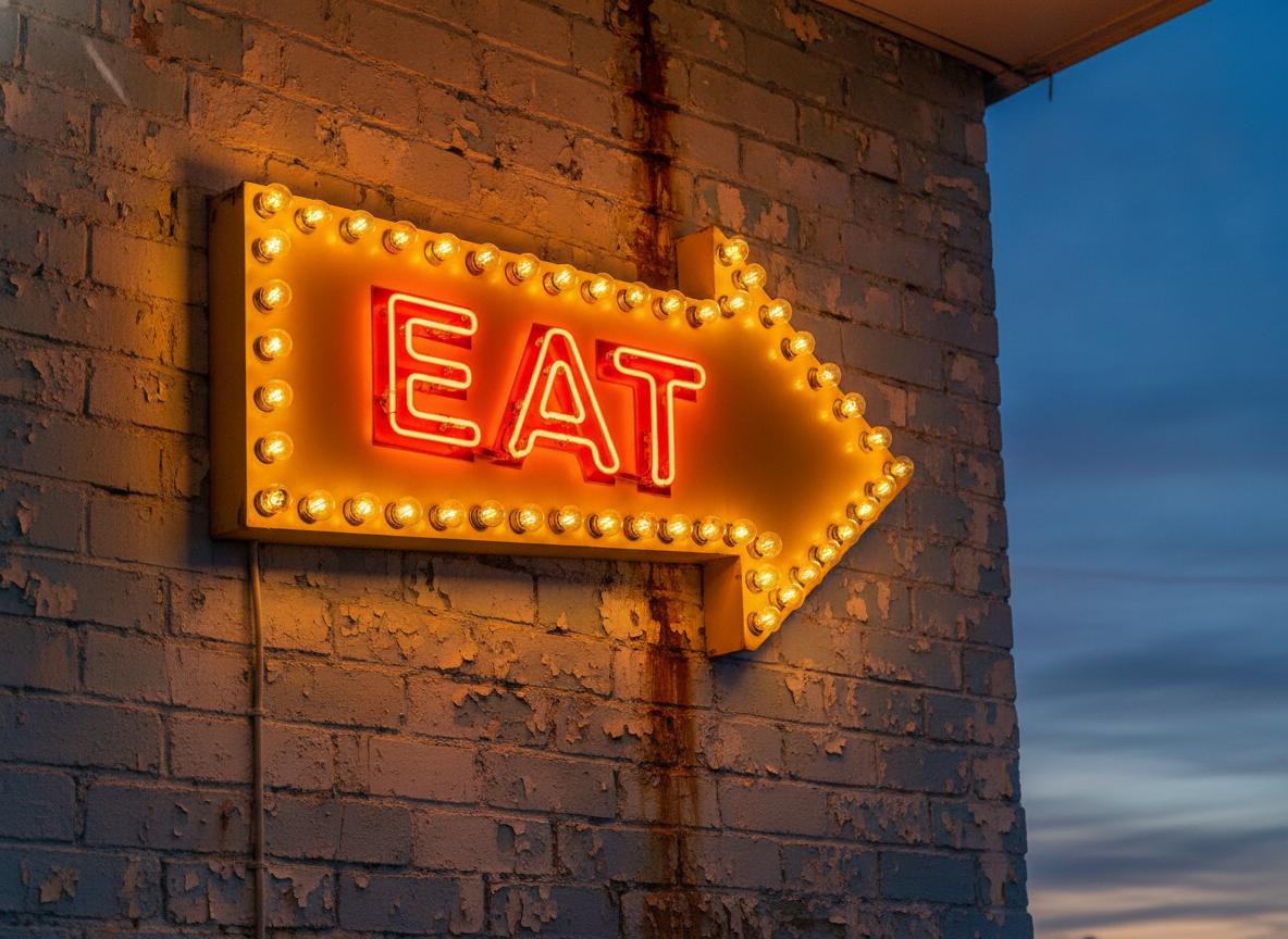Free neon sign generator example — a retro American diner marquee with a yellow neon arrow and bulb edging and the word EAT in red neon block capitals, on a weathered painted exterior wall at dusk