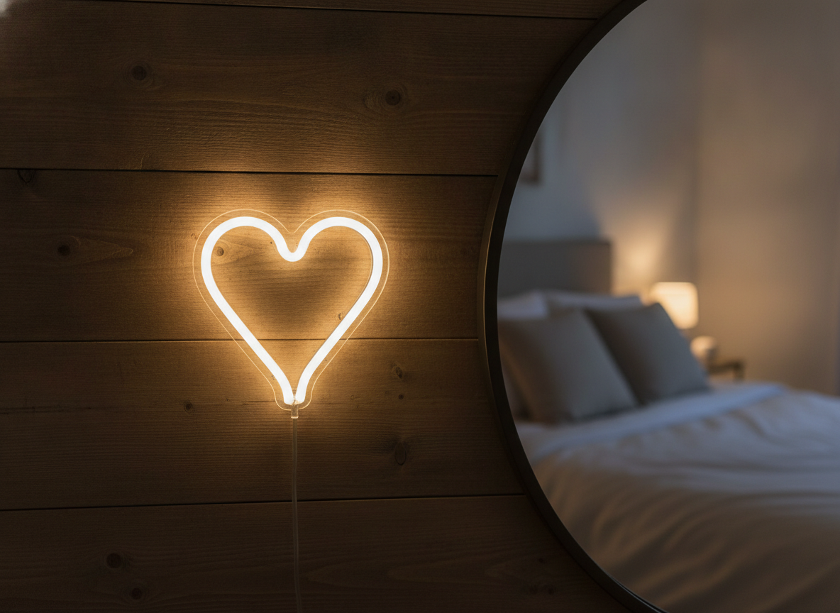 Neon light sign mockup example — a small warm white neon heart outline on a stained wooden plank wall beside a large round mirror reflecting a bed, cosy bedroom at night