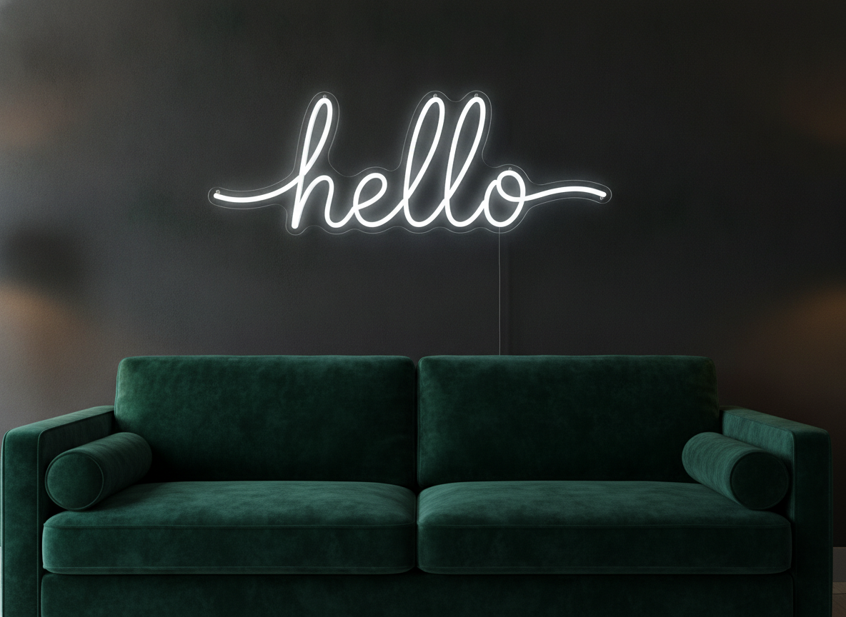 Neon text generator example — white neon in loose handwritten cursive reading hello on a dark wall above a deep green velvet sofa, mounted on a clear acrylic plate cut to follow the letters