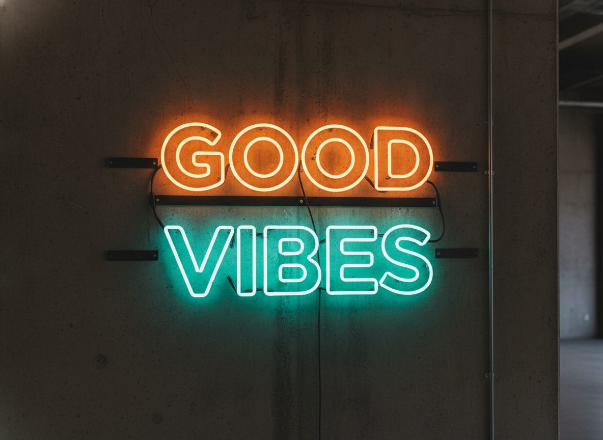 LED neon sign design generator example — a two colour sign on bare concrete with GOOD in orange tube above VIBES in teal, bold geometric sans serif with industrial mounting fittings