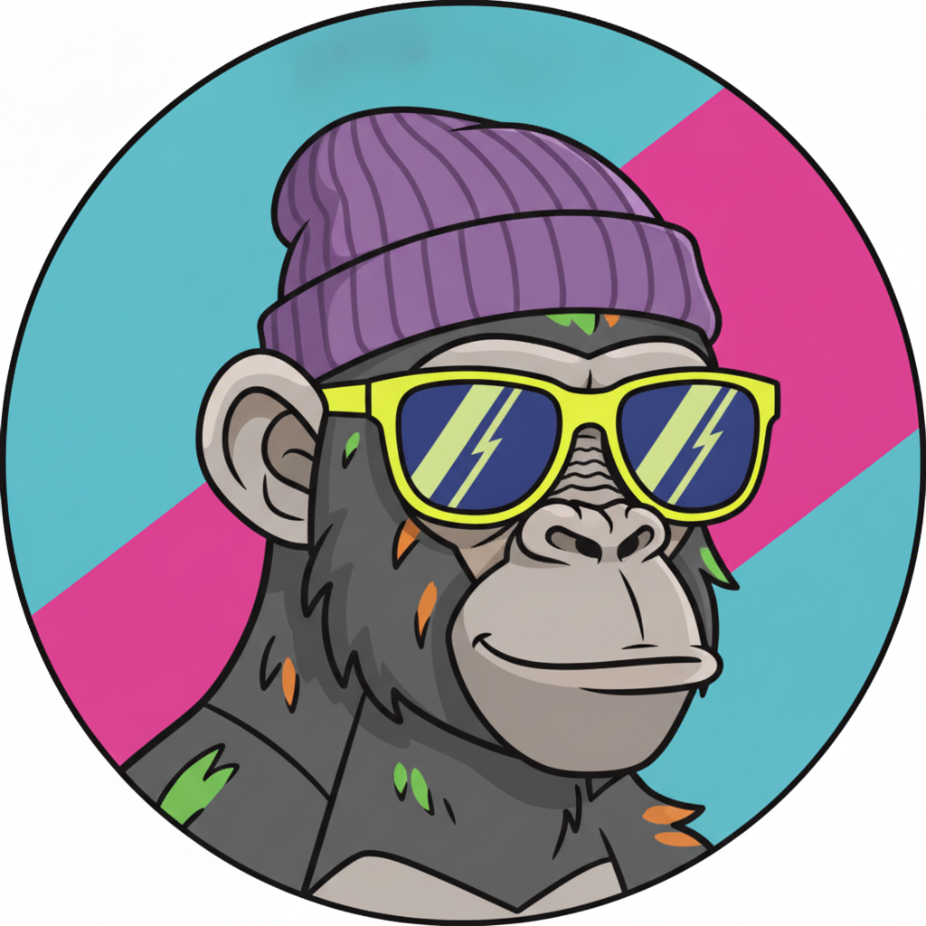 AI NFT art generator result — a stylized cartoon ape PFP with neon sunglasses in flat vector collectible art style
