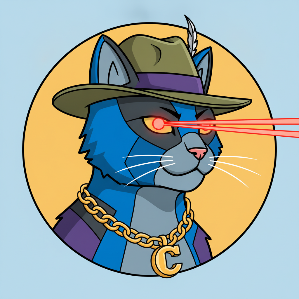 AI NFT art generator result — a cool cat collectible with hat, gold chain and laser-eye traits