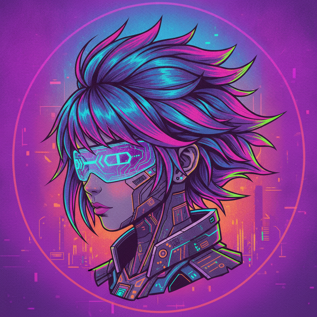 AI NFT art generator result — a cyberpunk anime girl NFT PFP with neon hair and futuristic visor