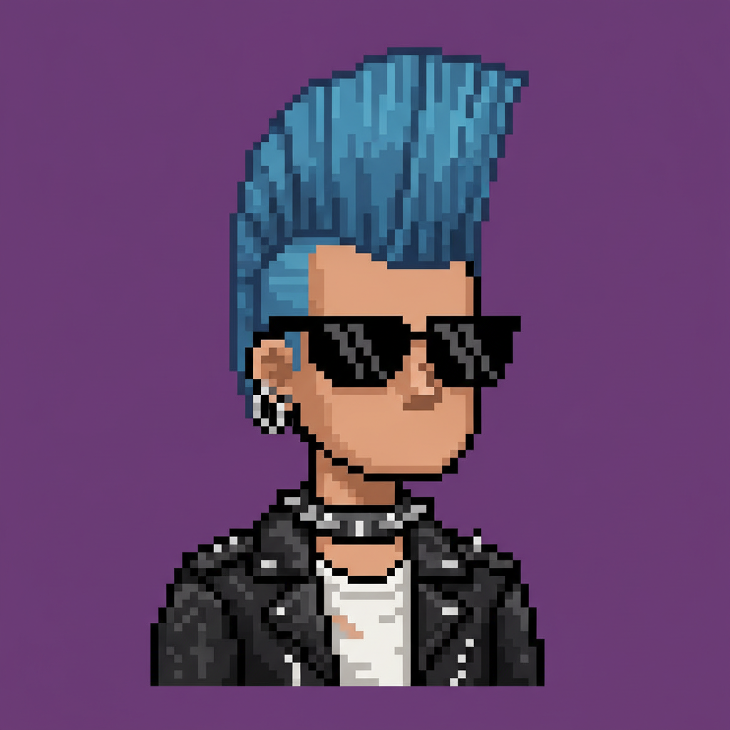 AI NFT art generator result — a pixel-art punk PFP avatar with mohawk and sunglasses