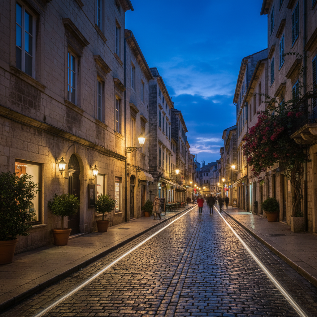 AI NMDA photo enhancement output — a dim evening street photo restored to clean clarity with reduced noise and recovered shadow detail