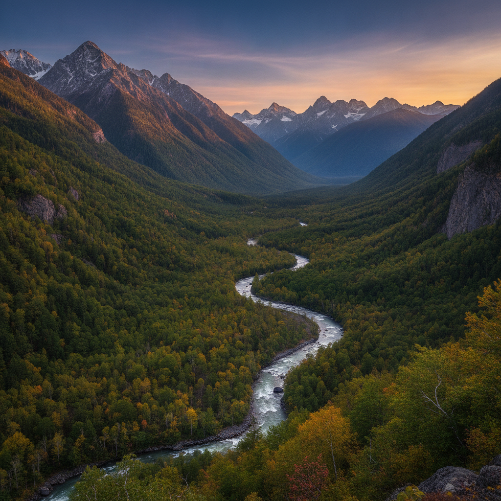 AI NMDA photo enhancement output — a sweeping mountain valley with enhanced dynamic range, refined sky gradients and crisp distant horizon