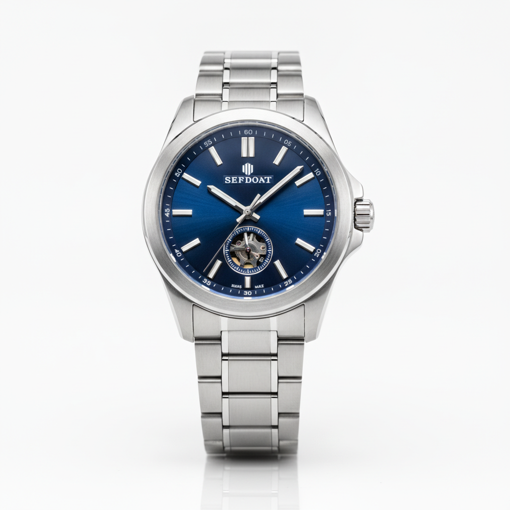 AI NMDA photo enhancement output — a clean enhanced studio product shot of a wristwatch with sharp metallic reflections and refined micro-detail