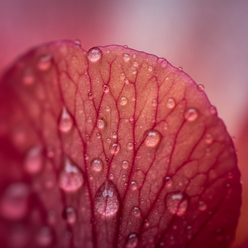 AI NMDA photo enhancement output — an extreme macro of a flower petal with enhanced micro-texture, dewdrop clarity and razor-sharp focus