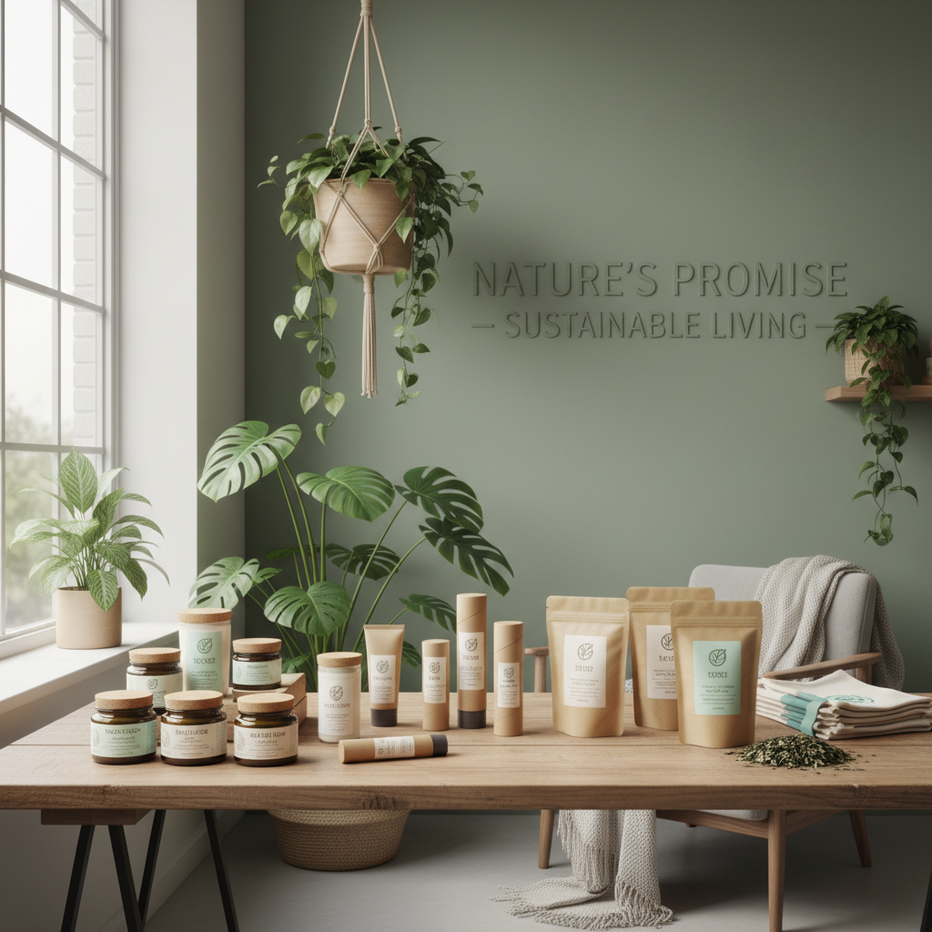 Safe AI image creation of an eco-friendly product studio scene with sustainable packaging and soft natural light