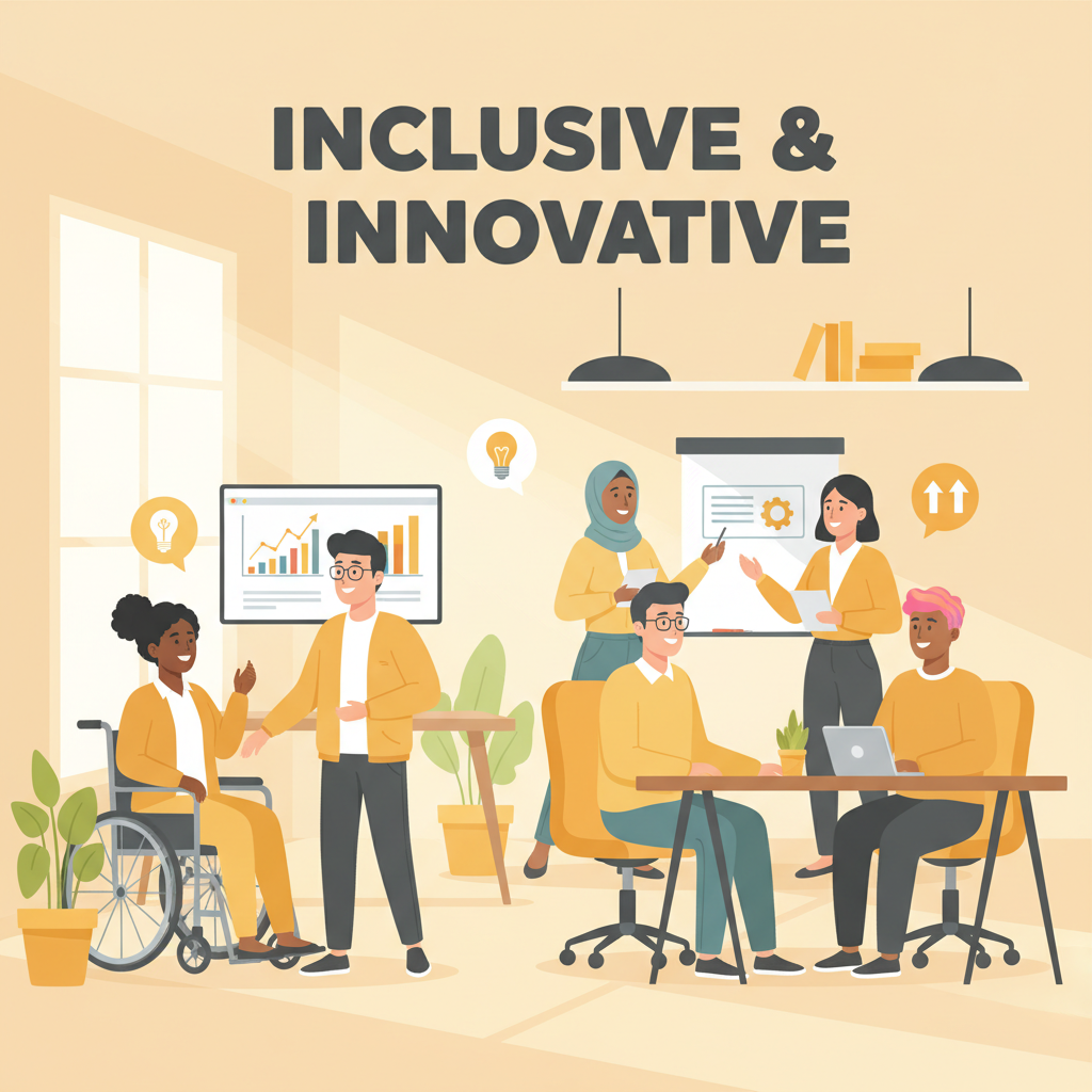 Inclusive workplace illustration of a happy diverse team collaborating, non-toxic AI design for brands