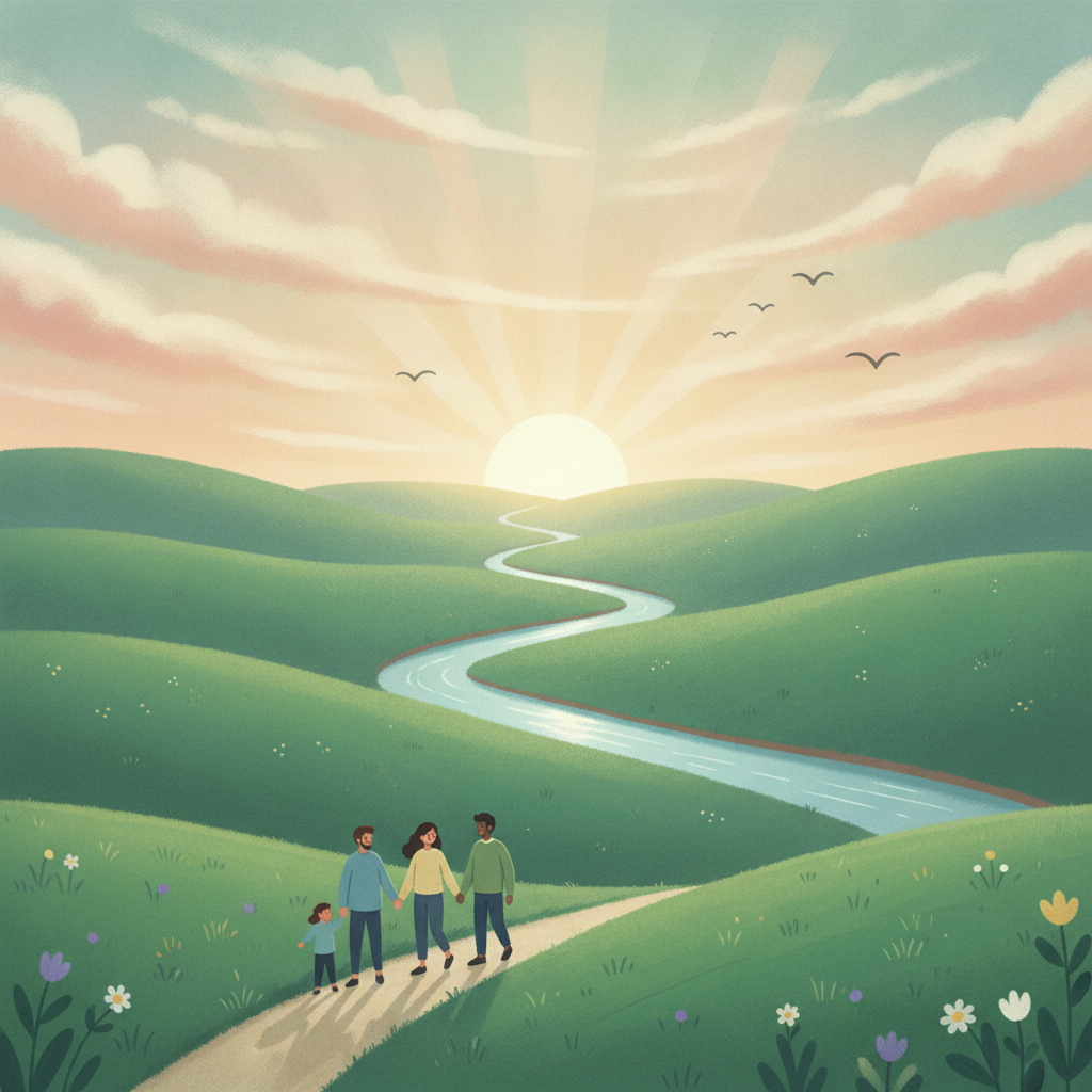 Peaceful nature landscape with rolling green hills and gentle sunrise, family-safe responsible AI art