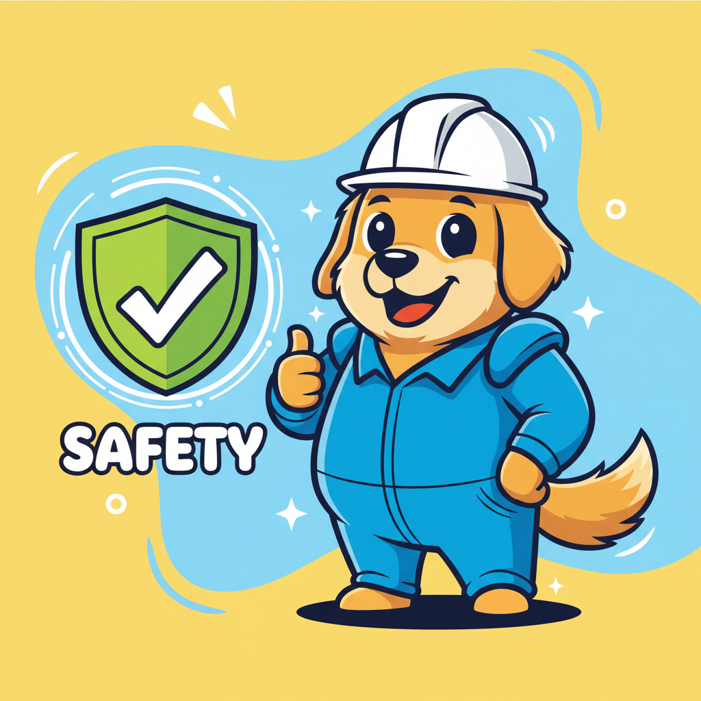 Friendly cartoon mascot giving a thumbs up next to a green safety shield, cheerful brand-safe AI design