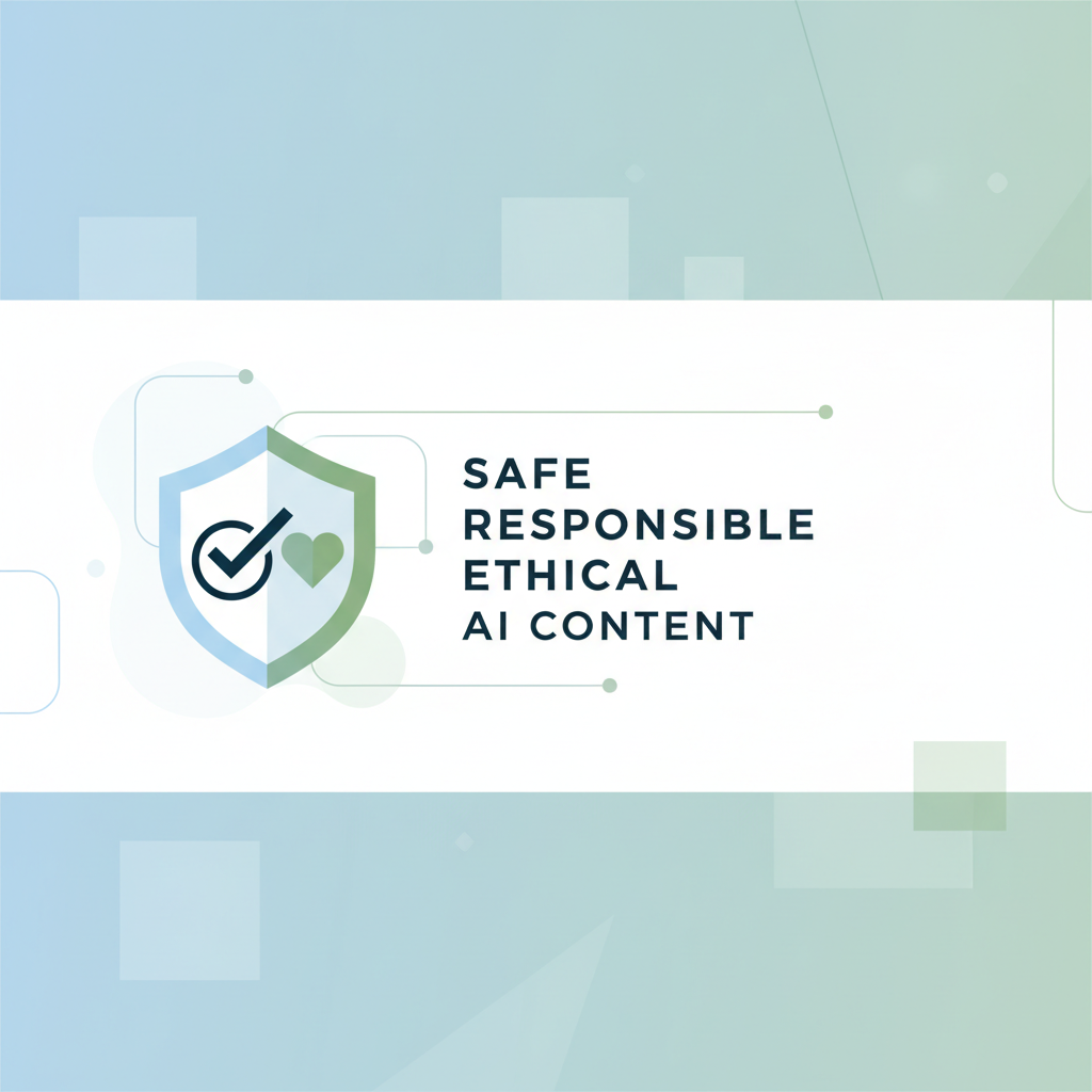 Minimalist infographic banner with shield, checkmark and heart icons representing safe ethical AI content
