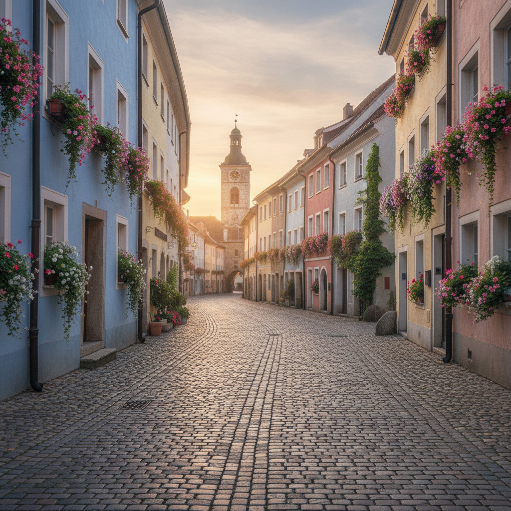 AI object remover example — a European cobblestone street with pedestrians, cars and parked scooters removed from the shot