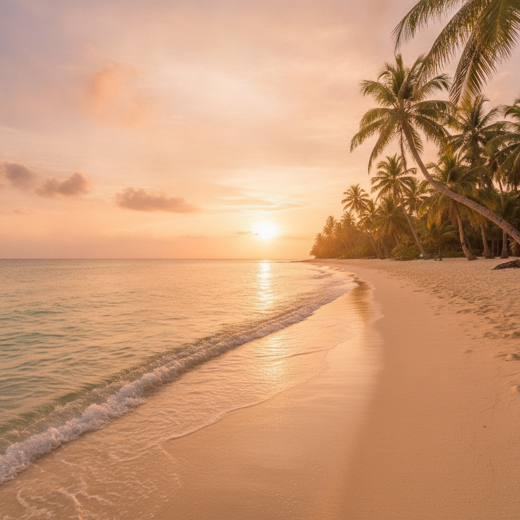 AI object remover example — a tropical beach at golden hour with every tourist and umbrella erased, leaving clean untouched sand