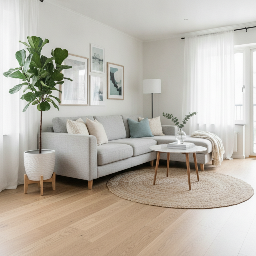 AI object remover example — a bright living room interior with floor clutter, boxes and visible wires removed for a listing photo