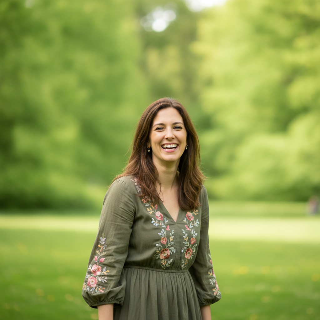 AI object remover example — an outdoor portrait with background people and signage removed behind the subject