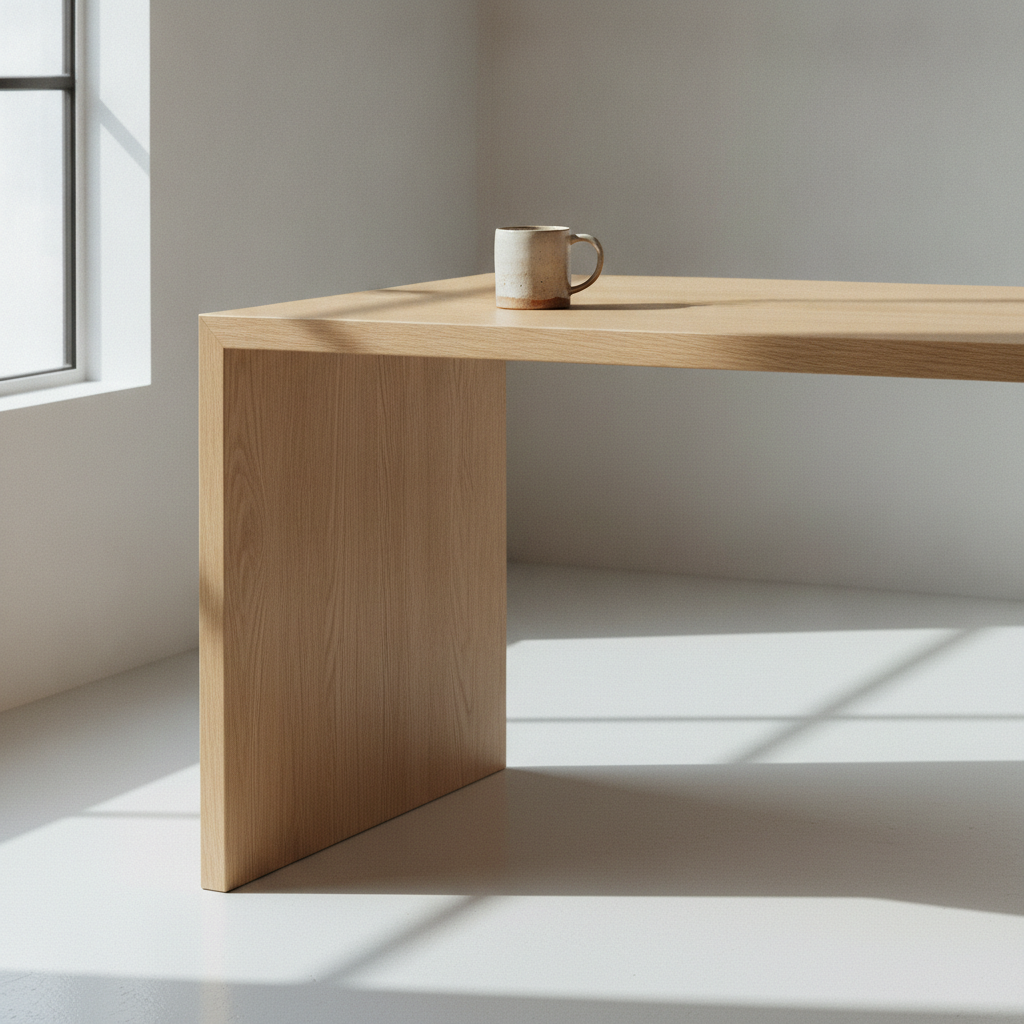 AI object remover example — a wooden desk with a single coffee mug after cables, papers and clutter were removed