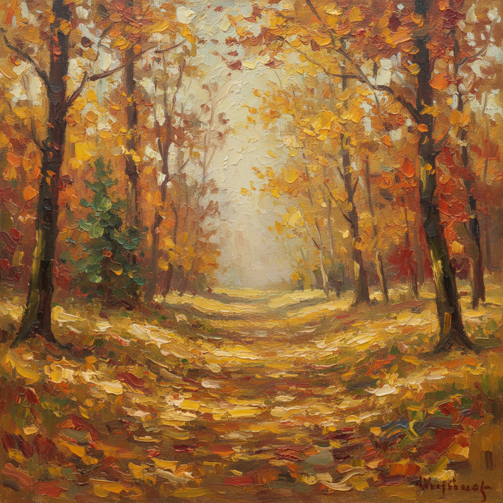 AI oil painting generator result — an impressionist autumn forest path with warm golden leaves and thick impasto texture