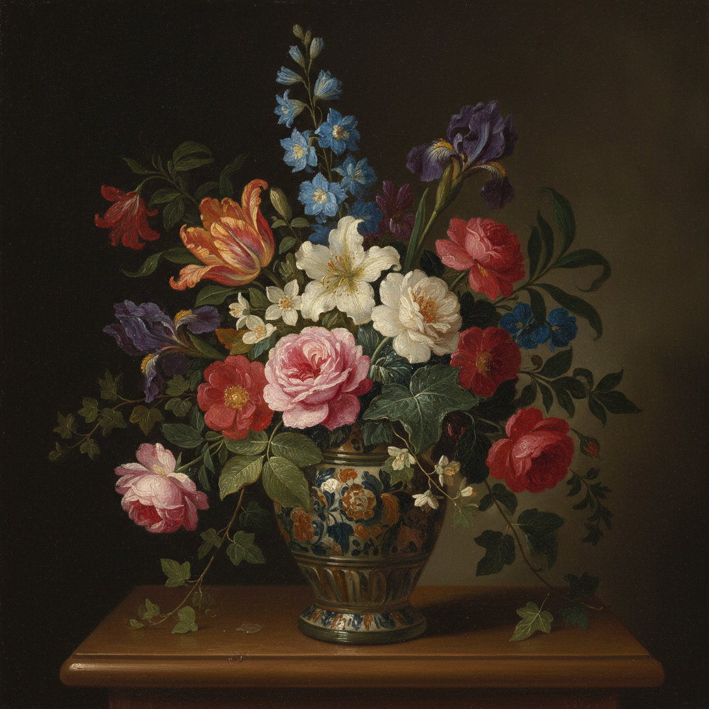 AI oil painting generator result — a vibrant flower bouquet in a vase painted as a classical Dutch floral still life
