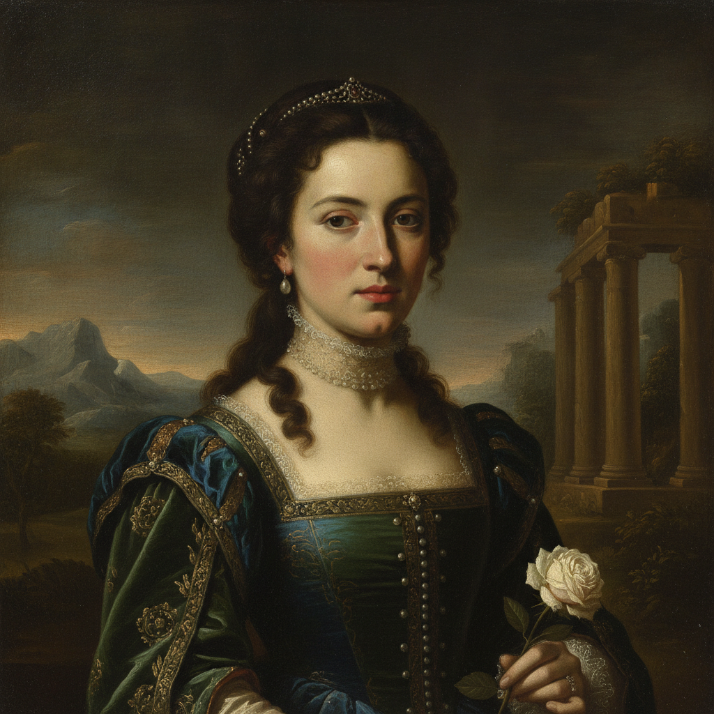 AI oil painting generator result — a classical renaissance-style oil portrait of an elegant woman with soft chiaroscuro lighting