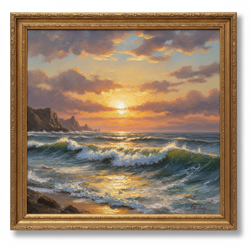 AI oil painting generator result — a dramatic seascape with crashing waves at golden sunset in impasto oil paint